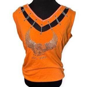 Bike Week Orange Embellished Muscle Tee with Cut Out Design